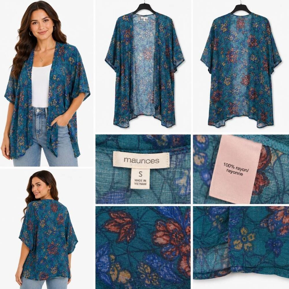 Maurices Floral Kimono Cardigan Teal Boho Small